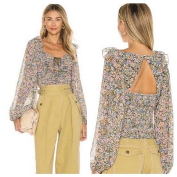 Free People Mable printed blouse top long sleeves floral balloons sleeves crop - Picture 4 of 5